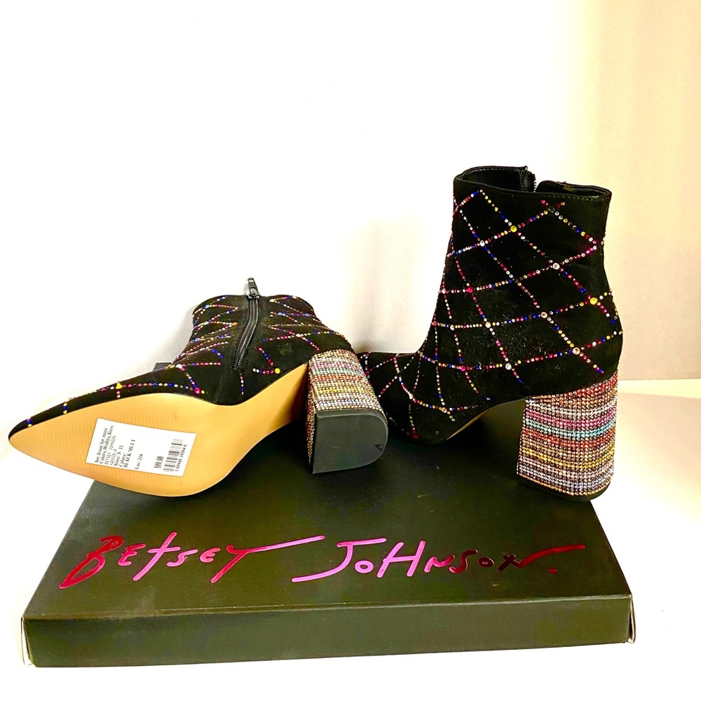 Black Betsy Johnson point tor booties with multi color rhinestone trim & heels.
